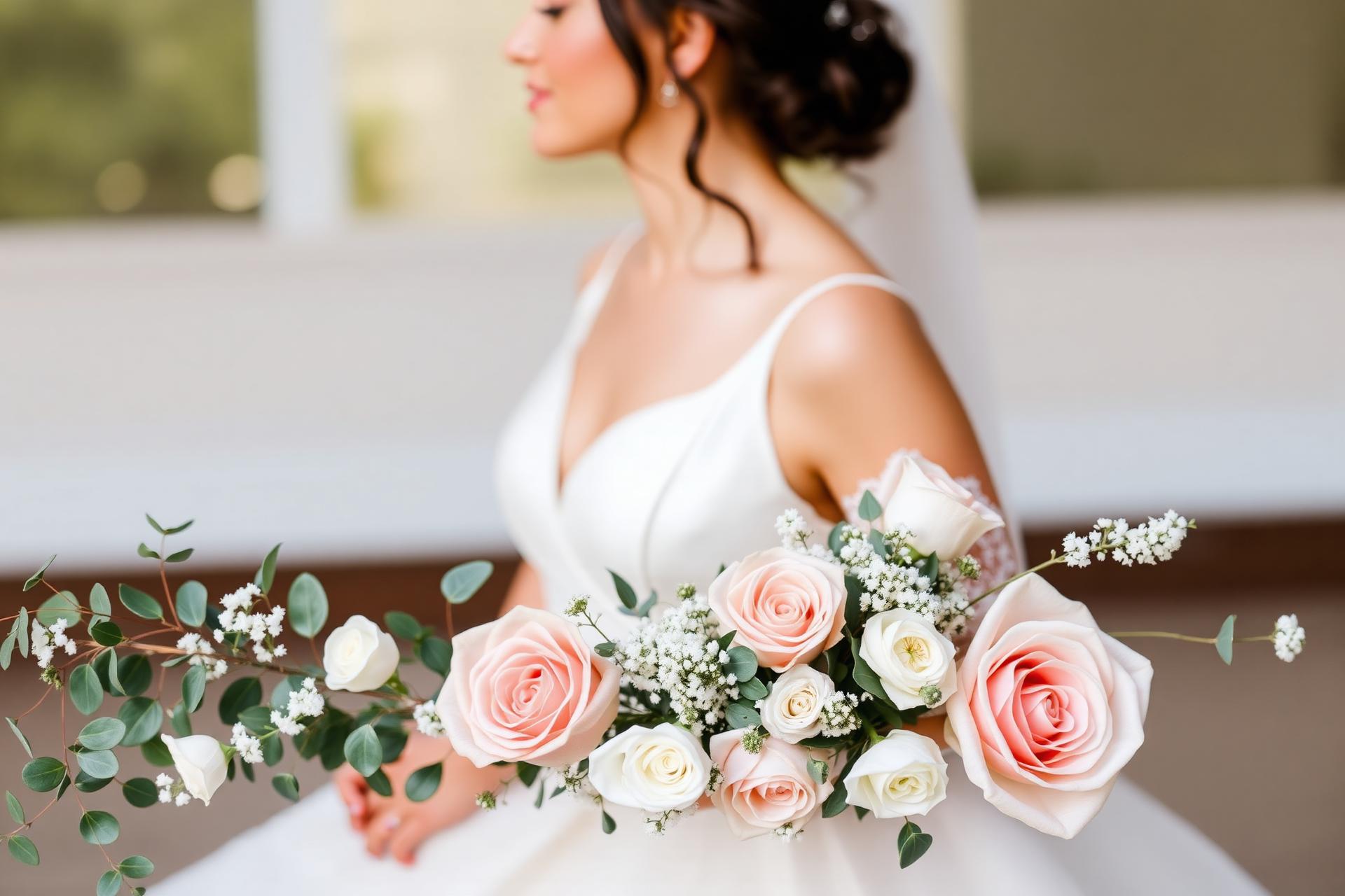 Bride holding a soft blush and white rose bouquet